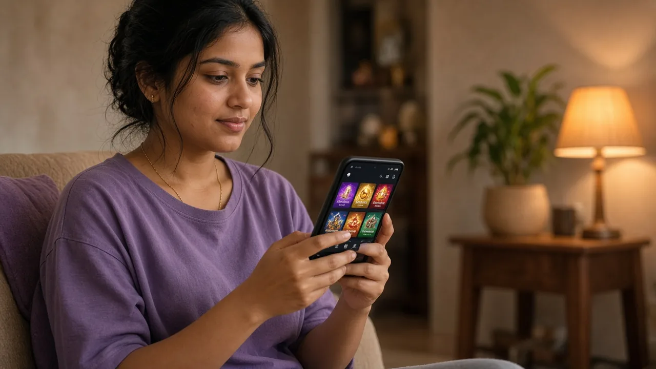 Indian woman browses Diwa Spin reel game lobby on Android
